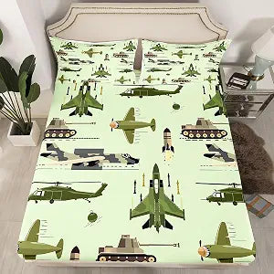 Feelyou 3D Army Helicopter Bedding Fitted Sheet Airplane Tank Bed Sheet Set for Kids Boys Girls Teens Popular Decor Bedding Sheets Army Transportation Bed Cover with 1 Pillowcase 2Pcs Bedding Twin