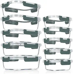 VERONES 10 PACK Glass Meal Prep Containers Set with Lids, Grey