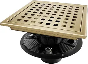 Square Shower Drain Gold Brushed 6 inch with Removable Grid Panel