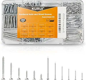 KURUI Picture Hanging Nails & Wood Screws Kit,350Pc 6 Nail & 6 Screw Sizes