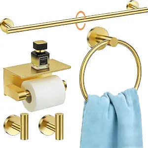 5Pcs Brushed Gold Bathroom Hardware Accessories, 24 Inch Bath Towel Bar Set, Toilet Paper Holder with Shelf, Stainless Steel Wall Mounted Towel Rack Set, Center Section Removable