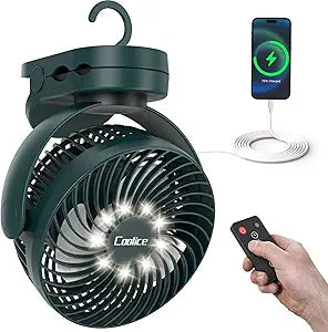 Camping Fan with Remote Control - 12000mAh Rechargeable Battery Powered Fan, Camping Fans for Tents with LED light & Hanging Hook, Rechargeable Battery Operated Ceiling Fans for Tent RV Bed, Green