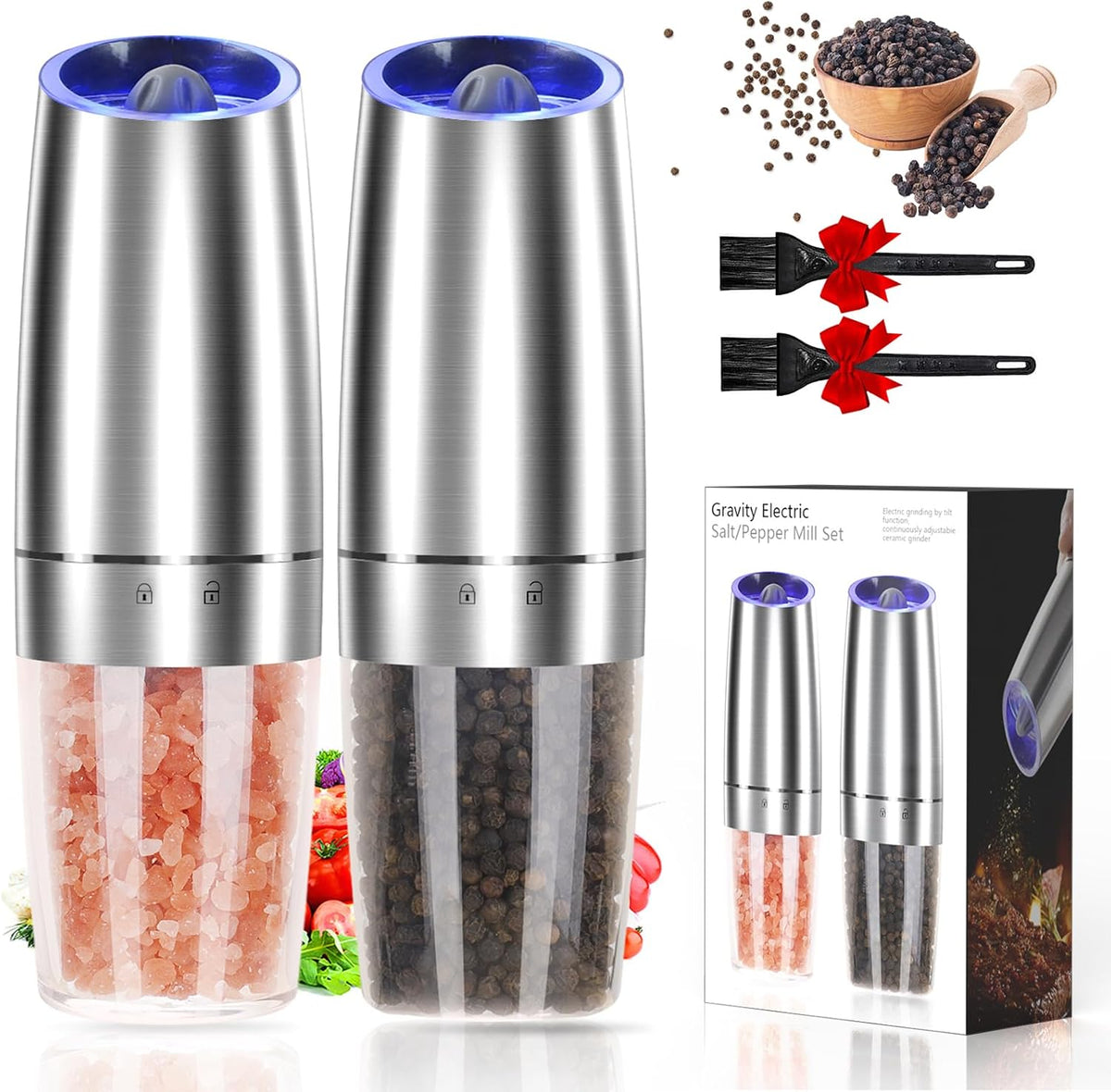 Automatic Gravity Electric Pepper and Salt Grinder, Adjustable Coarseness