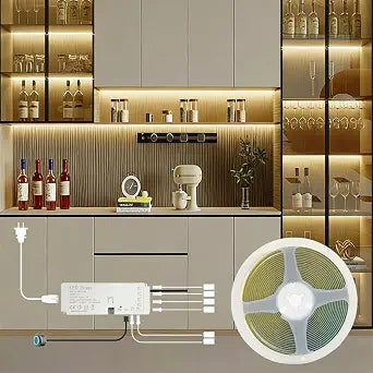 HAMRVL Shelf Lights 12V COB LED Strip Lights, 16.4ft 3000k Plug-in DIY Cut to Size Warm White LED Strip Lights, Dimmable Under Shelf Lighting for Book Shelf, Display Case, Wardrobes, Cabinets, Pantry
