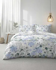 Duvet Cover Set Full, Blue Hydrangea Flower Leaves on White 3 Piece Bedding Set Breathable Quilt Cover Set, Farmhouse Floral Soft Microfiber Bed Set with Pillow Shams
