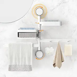 4-in-1 Rotating Bathroom Organizer Shower Caddy, No Drill Suction Cup Wall Mounted Storage Set with Soap Dish Towel Bar Hooks for Bathroom Kitchen Lavatory