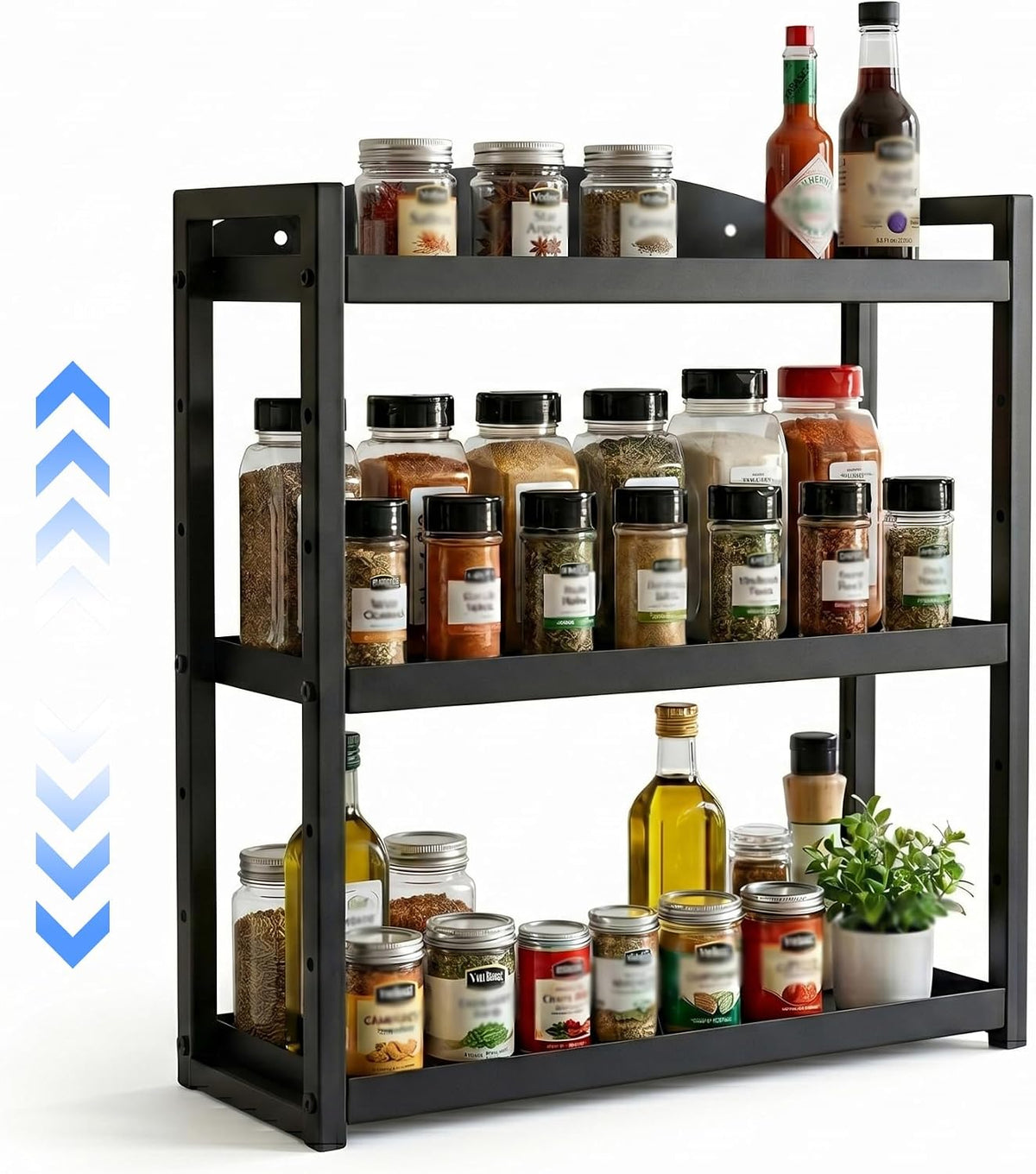 3-Tier Adjustable Spice Rack Wall Mount, Heavy Duty Carbon Steel Countertop Spice Rack for Countertop or Wall, Multi-Functional Seasoning Organizer & Wall Mounted Spice Rack for Kitchen Storage, Black