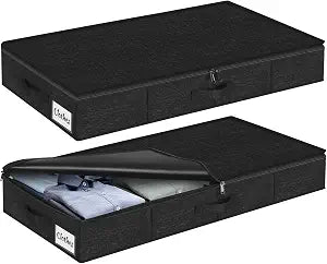 Under Bed Storage Container Bins 2 Pack, 4.5 Inch Slim Low Profile Underbed Clothes Storage Organizer for Dorm & Home, Use for Blanket and Toy Storage Box W/ Sturdy Bottom/Sides, Foldable Thick Fabric