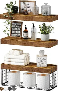 QEEIG Bathroom Shelves Over Toilet Wall Mounted (Brown, Set of 3, 15.7")