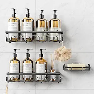 Shower Caddy, 3 Pack Shower Shelves for Inside Bathroom, Rustproof Adhesive Bathroom Organizer with Soap Holder, No Drilling Washroom Organizers and Storage for Bathtub Room/Kitchen/Home, Black