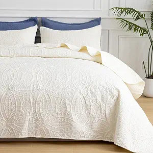 SheRest Twin Quilt Bedding Set - Soft Breathable Bed Quilt, Modern Style Embossed Bedspreads, Lightweight Microfiber Reversible Coverlet for All Seasons, Cream, 1 Quilt&1 Pillow Sham