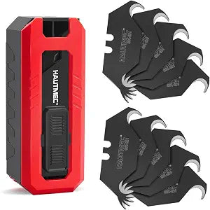 HAUTMEC Hook Blades for Utility Knife, 10-Pack SK2H Hook Razor Blades with Compact Safety Dispenser, Universal Box Cutter Blades for Roofing, Carpet, Linoleum & Flooring Cutting  HTUBH25010