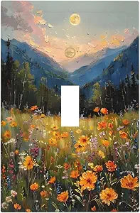 Sunset Wild Flower Field Floral Nature Landscape Decorative Light Switch Cover 1 Gang Single Toggle Device Electrical Faceplate Switchplates Decorator Outlet Wall Plate for Farmhouse Bedroom Decor