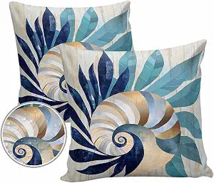 Navy Blue Teal Coastal Outdoor Pillow Covers Waterproof, All Weather Cushion Case Set of 2, Abstract Art Nautical Ocean Conch Decorative Pillowcases for Sofa Couch Bed Decor Patio Furniture 16"x16"