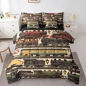 Erosebridal Train Bedding Set Full Retro Steam Locomotive Comforter Set 7 Piece Vintage Steam Train Bed in A Bag for Kids Boys Men Classic Railway Retro Vehicles Quilt with Flat Fitted Sheet