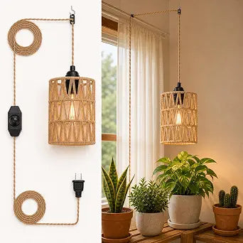 Rattan Pendant Light Plug in - Dimmable Boho Hanging Lamp 15FT Hemp Rope Cord with LED Bulb, Hand Woven Wicker Lampshade for Bedroom Living Room Farmhouse Decor, 5.9" Cylinder