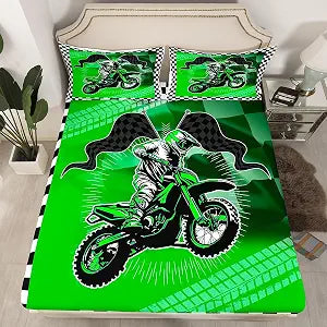 Feelyou Dirt Bike Fitted Sheet with 2 Pillowcases for Kids Boys Girls