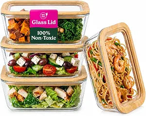 4-Pack Glass Food Storage Containers with Glass Lids & Bamboo Rim  Plastic Free 27 Oz Glass Meal Prep Containers for Lunch, Eco Friendly Airtight Food Storage, Microwave & Oven Safe