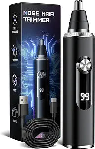 Nose Hair Trimmer for Men and Women, USB Rechargeable Electric Facial and Ear Hair Remover with LED Display, Dual-Edge Blades for Smooth, Painless Eyebrow Grooming (Black)