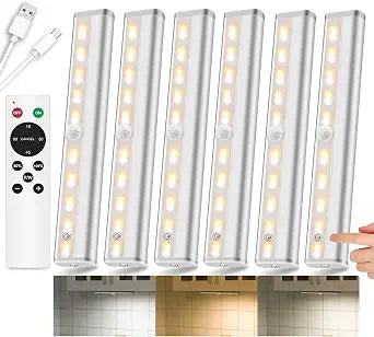 SZOKLED Under Cabinet Lights, 20LED Under Cabinet Lighting Rechargeable, Remote LED Closet Lights Bar, Under Counter Lights for Kitchen Shelf Pantry Shelf Hallway Stairs, 3 Colors 6 Pack