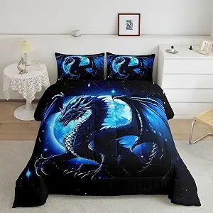 Castle Fairy Dragon Comforter Set Twin Size,Starry Sky Moon Night Bedding Set 2Pcs for Kids Boys Teens Men Room Decor,3D Animals Quilt Set Western Dragon Black Blue Duvet Insert,1 Pillowcase