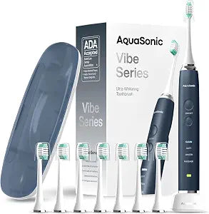 Aquasonic Vibe Series Ultra-Whitening Toothbrush ��� ADA Accepted Electric Toothbrush - 8 Brush Heads & Travel Case ��� 40,000 VPM Motor & Wireless Charging - 4 Modes w Smart Timer ��� Midnight Blue