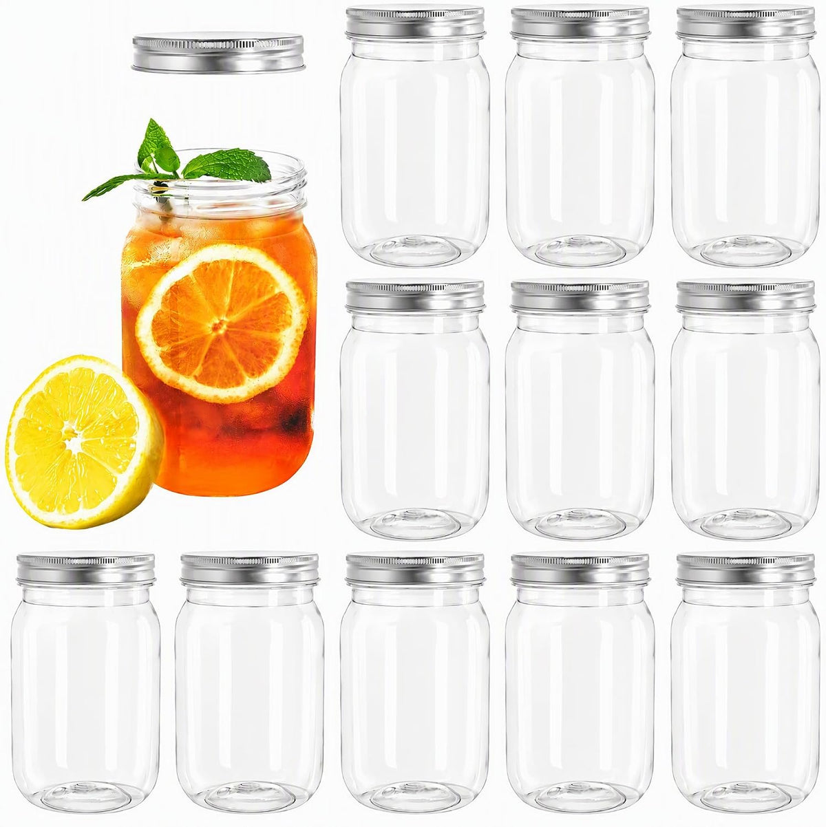 Tebery 12 Pack Clear Plastic Mason Jars with One Piece Lids, 16 OZ Mason Cocktail Cup Shatterproof Drinking Jar, Refillable Empty Slime Storage Containers for Overnight Oats, Honey, Spices and Herbs