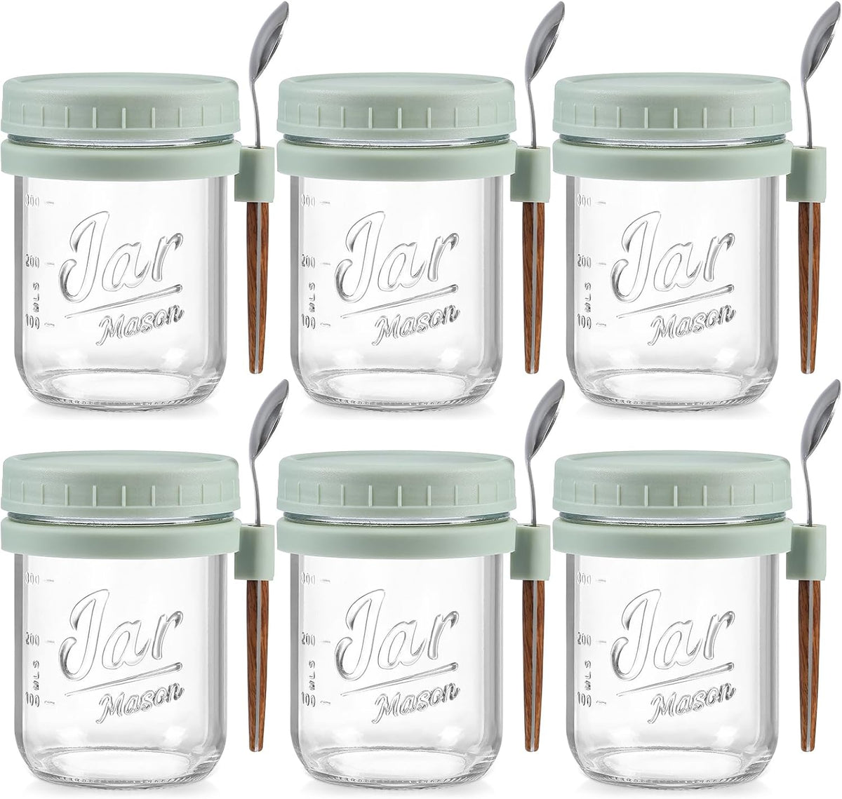 6 Pack Overnight Oats Containers with Lids and Spoons, 16 oz Glass Mason Overnight Oats Jars, Large Capacity Airtight Jars for Milk, Cereal, Fruit(Green)