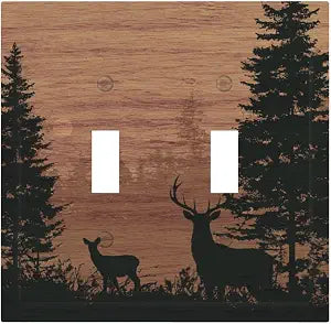 Decorative Light Switch Cover Plate Rustic Wood Grain Forest Deer 2 Gang Outlet Covers Double Toggle Wall Plates for Electrical Outlets Switch Plate Covers Faceplate for Lodge Farmhouse Decor