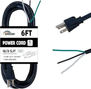 6 Ft Black AC Power Cord Replacement 16 Gauge 3 Prong Heavy Duty