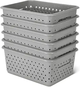 Amazon Basics Decorative BPA-Free Plastic Storage Baskets, 9.9 x 7.4 x 4.16 inches, Grey, 6-Pack