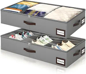 OIAHOMY 2 Pack 53L Under Bed Storage with Adjustable Dividers, 6" Low Profile Underbed Storage Bins for Comforters & Clothes, Save Closet Space with Clear View Lid & Reinforced Handles, Grey