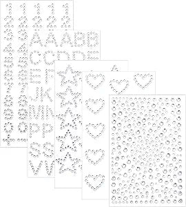 5Pcs Rhinestone Stickers Heart Numbers Letters Sticker Self-Adhesive Glitter Alphabet Jewels Decal Crystal Gemstone Border Art Sticker for Face Makeup Body Nail Craft Clothes Festival Decors