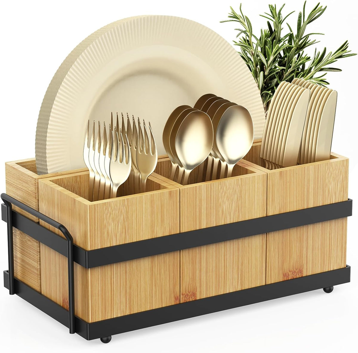 Silverware Caddy for Party, Bamboo Utensil Caddy with 4 Removable Compartments.