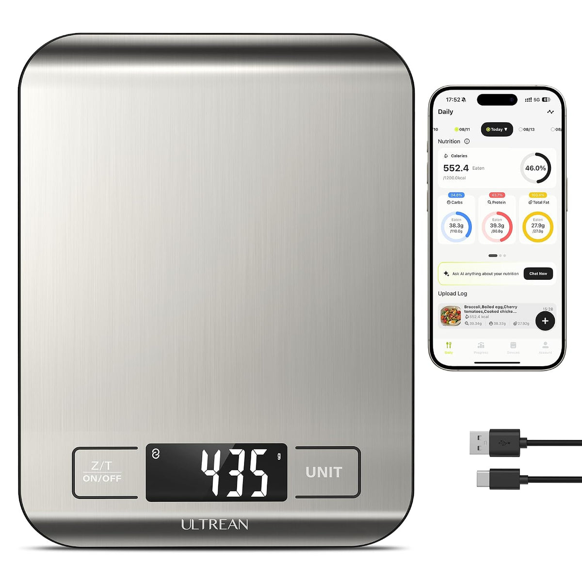 Ultrean Smart Food Kitchen Scale with Nutritional Calculator, App for Macro & Calorie Tracking, AI Scan, Digital Grams and Ounces for Weight Loss, Rechargeable, Stainless Steel, 33lb /15kg