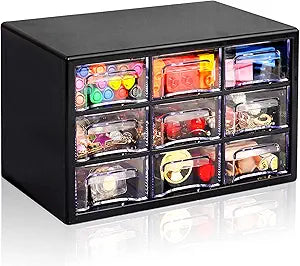 Stackable Desk Organizer with 9 Drawers, Clear Storage Box, Black
