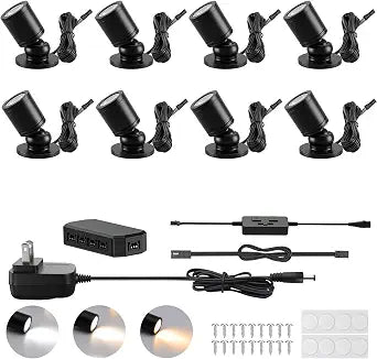 AIBOO Dimmable LED Mini Spotlight, 12V CCT 2700K-6000K, Adjustable for Display, Cabinet, Showcase, Artwork, 360 Rotatable Accent Lighting, Surface Mount with Slider Dimmer & Adapter (CCT, 8, Pack)