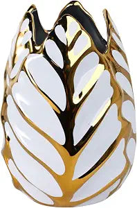 Flower Vase for Home DecorModern Ceramic Leaf Texture Accent, Decorative Centerpiece for Floral Arrangements on Dining Table, Coffee Table, Stylish Home Accessories  8", Gold & White