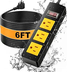 Waterproof Outdoor Power Strip with Extension Cord 6FT, Weatherproof Surge Protector, 3 Shockproof Outlets & Overload Safety Wall Mount Power Strip for Home/Outdoor Patio, Christmas Lights