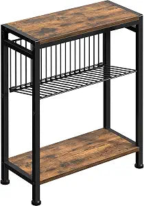 Small Side Table for Small Space, 3-Tier Narrow End Table with Magazine Holder,Slim Nightstand, Skinny Snack Couch Table in Living Room, Bedroom Study and Balcony (Rustic Brown &Black)