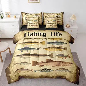Erosebridal Fishing Twin Bedding Set 7 Piece Bass Fishing Bed in A Bag with Sheets Fisherman Lover Comforter Set for Kids Adults,Rustic Style Fishes Bed Sets