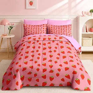 Nesker Toddler Comforter Set for Girls, 4 Pieces Strawberry Bedding Sets