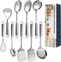 9 Pcs Cooking Utensils Set, Stainless Steel Kitchen Utensils, Heat Resistant Metal Kitchen Tools Include Solid & Slotted Spatula, Serving Spoon, Ladle, Pasta Server,Potato Maseher, Egg Whisk, Silver