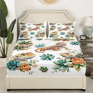 Bearded Dragon Kids Fitted Sheet Twin Size,Cartoon Lizard Reptile Animals Bedding Set,Boys Girls Room Decor,Cactus Botanical Western Pet Modern Fashion Bed Sheet,1 Pillowcase(No Flat)
