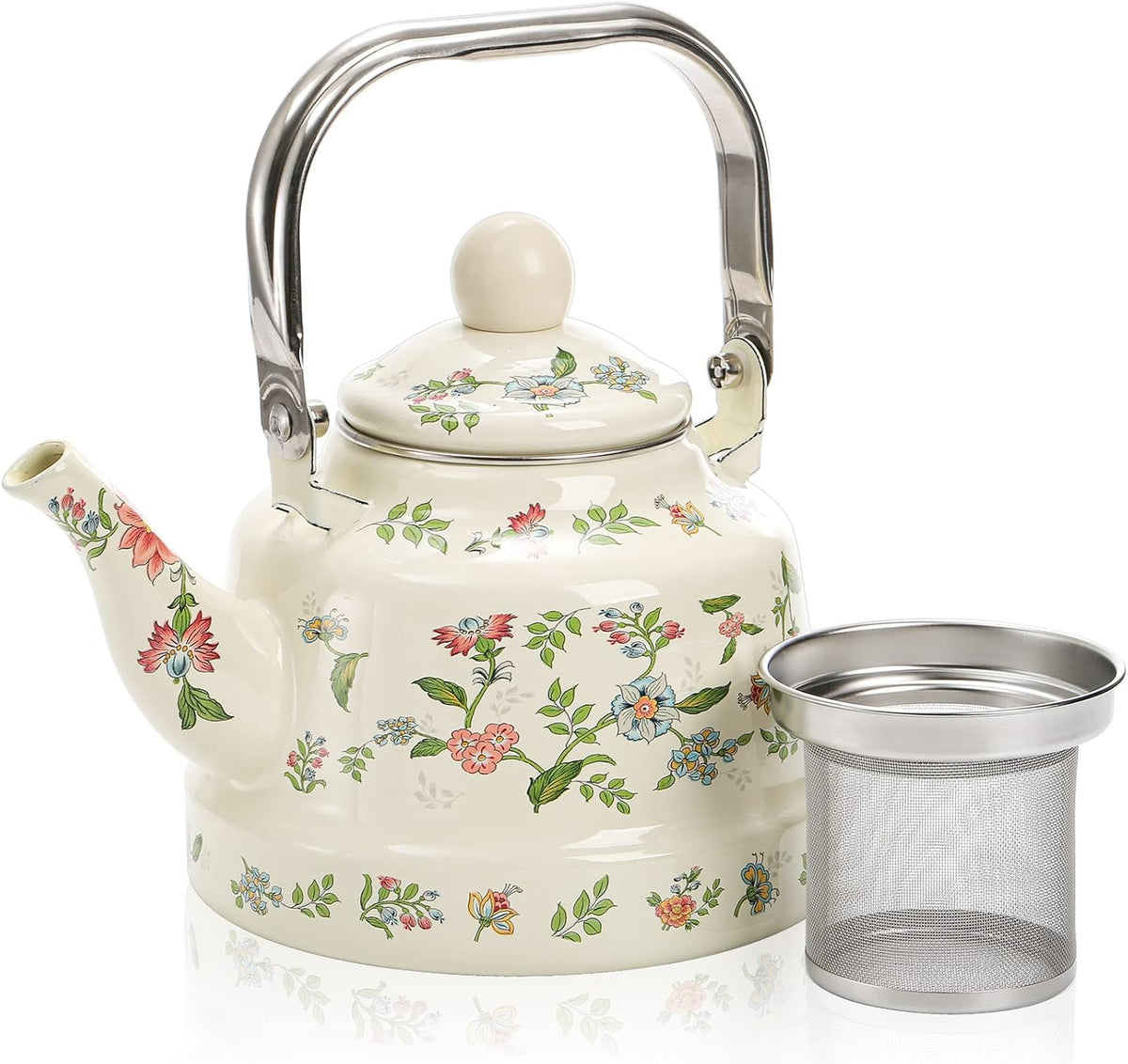 Jucoan 1.8 Quart Vintage Enamel Stovetop Tea Kettle, Retro Green Floral Enamel on Steel Teapot with Removable Infuser for Camping, Gift for Wedding Bridal Shower Housewarming