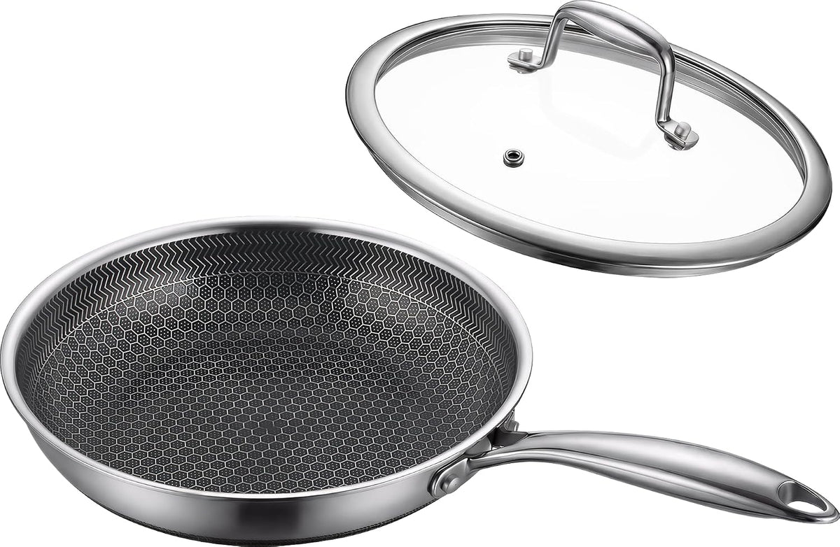 8" Non-Stick Frying Pan with Lid Tri-Ply Stainless Steel Pan with Stay-Cool Handle Oven & Dishwasher Safe For Induction, Ceramic & Gas Stovetops