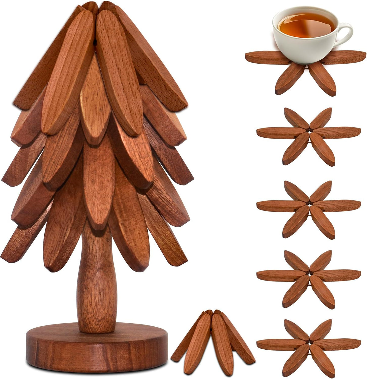 Wooden Trivets for Hot Dishes, Wooden Tree Trivet Set of 5 for Easy Storage