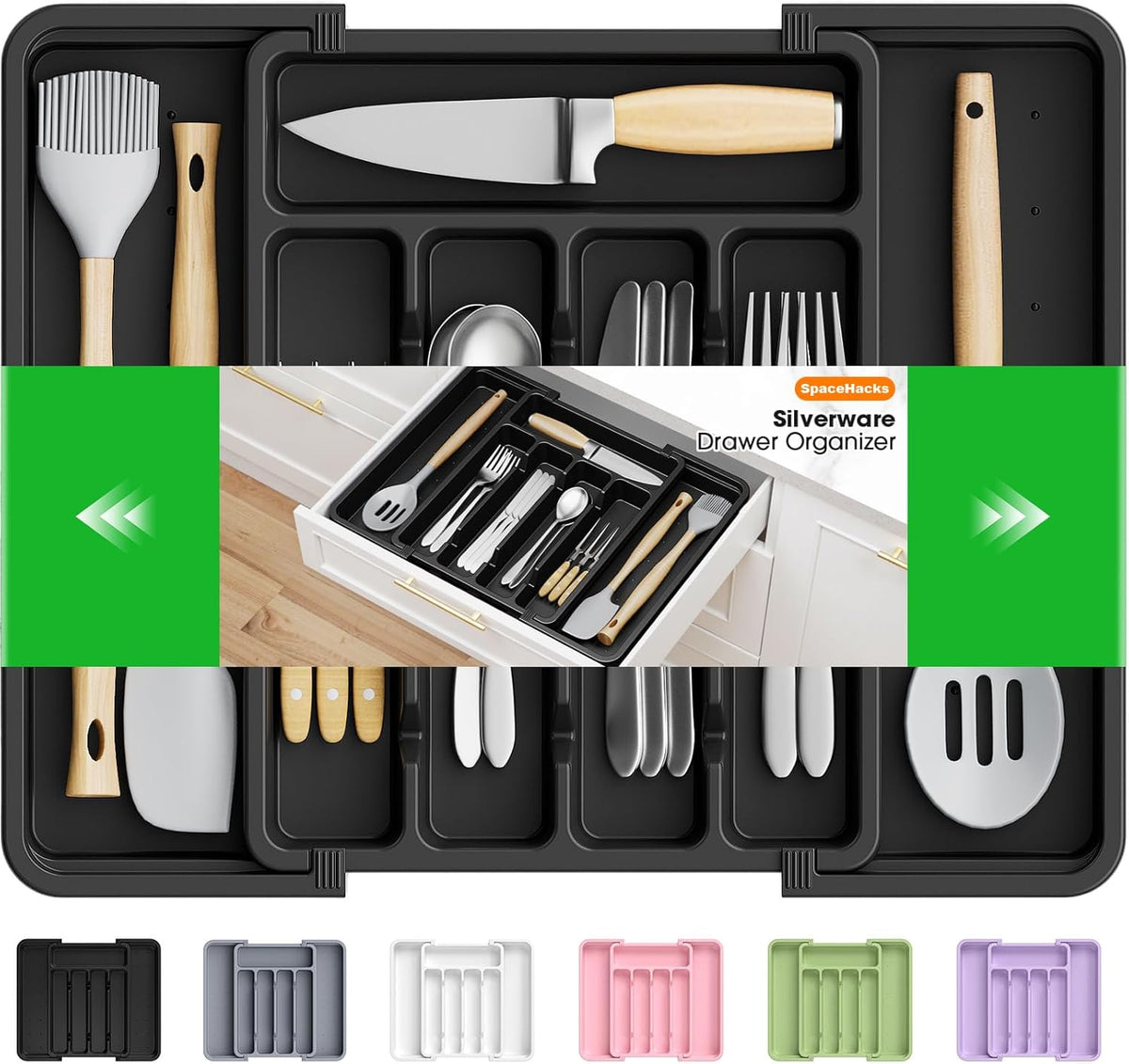 SpaceHacks Silverware Organizerï¼ŒAdjustable & Expandable Drawer Organizer