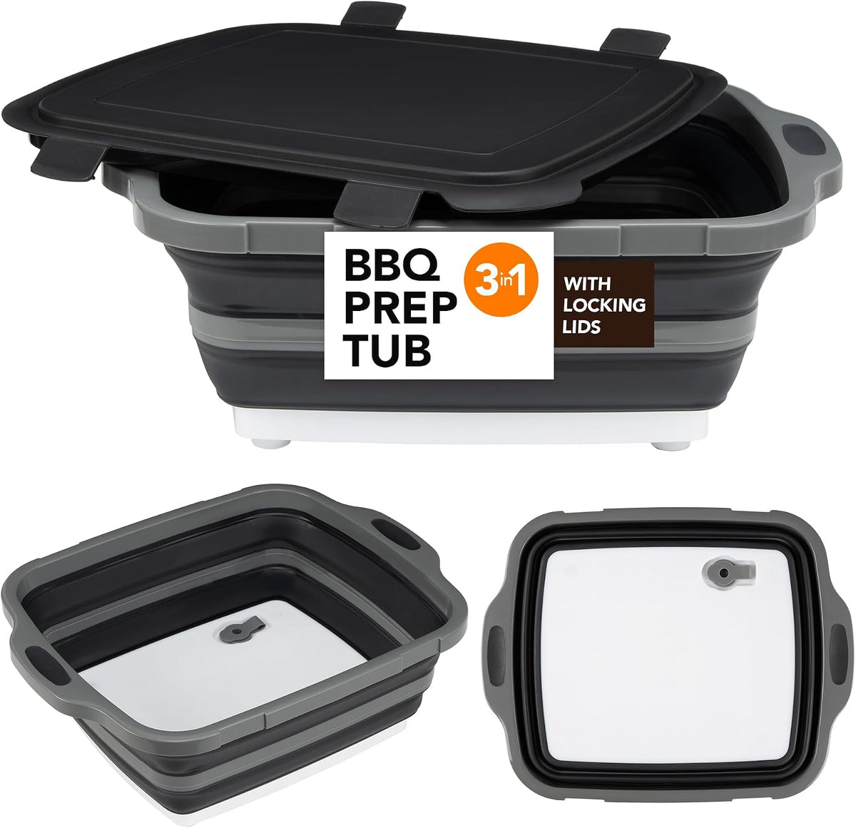 Collapsible Cutting Board(2.11 Gal/8L), BBQ Prep Tub with Locking Lid, Foldable Camping Sink with Colander, Multifunction Dish Basin for Kitchen, Bowl, Vegetable and Fruit, Storage Basket for Picnic