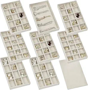 Set of 8 Stackable Jewelry Organizer Trays with 1 Lid for Drawer & Dresser Organizer, Adjustable Velvet Jewelry Box Tray Earring Organizer Necklace Storage Ring Bracelet Display Case (Beige)